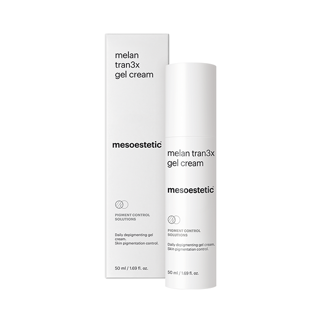 Mesoestetic Melan Tran3x Gel Cream. Official Stockist. Worldwide shipping. Medical-grade skincare. The M-ethod Aesthetics