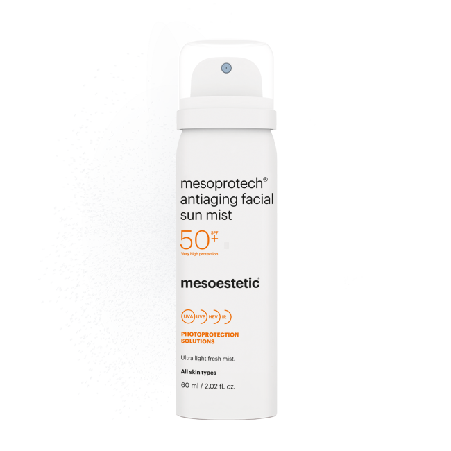 Mesoestetic Mesoprotech Antiaging Facial Sun Mist SPF 50+. Official Stockist. Worldwide shipping. Medical-grade skincare. The M-ethod Aesthetics