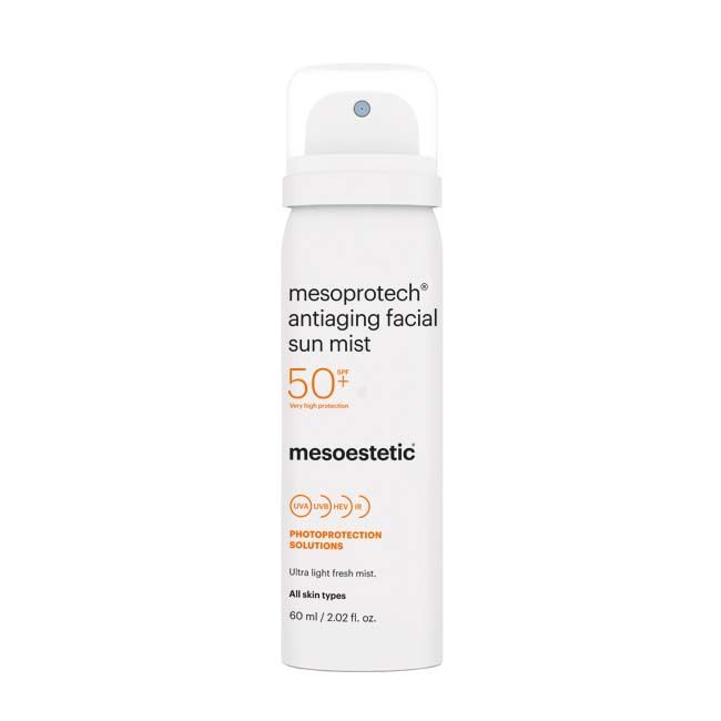 Mesoestetic Mesoprotech Antiaging Facial Sun Mist SPF 50+. Official Stockist. Worldwide shipping. Medical-grade skincare. The M-ethod Aesthetics